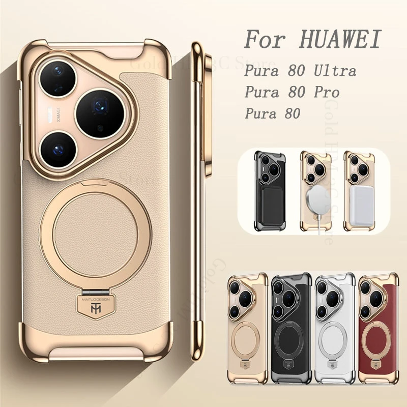 

Luxury Leather Phone Frameless Case For Huauwei Pura 80 Ultra 70 Pro Four Corners Armor Magnetic Ring Stand Cover Mate 70 60 Pro