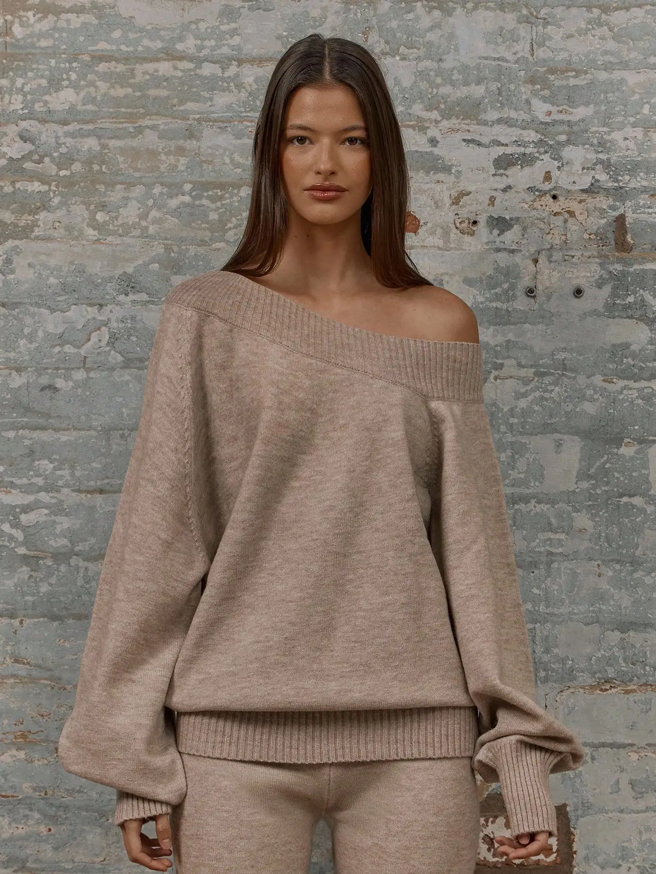 

Off Shoulder Knit Sweater with Ribbed Cuffs, Long Lantern Sleeves, Fall Winter Chic Casual Top