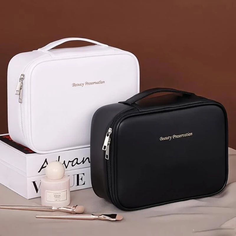 

1Pc PU Leather Makeup Bag With Large Capacity Portable And High-End Outdoor Feel Layered And Multi-Layer Waterproof Makeup Bags