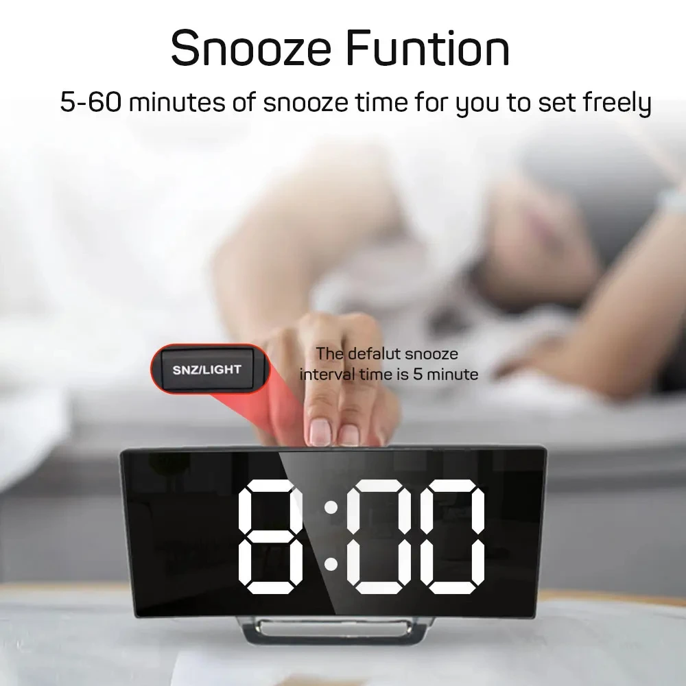 Curved Screen Clock Digital Led Alarm Clock with Temperature Display Large Mirror Clock Snooze Bedside Table Clock Room Decor