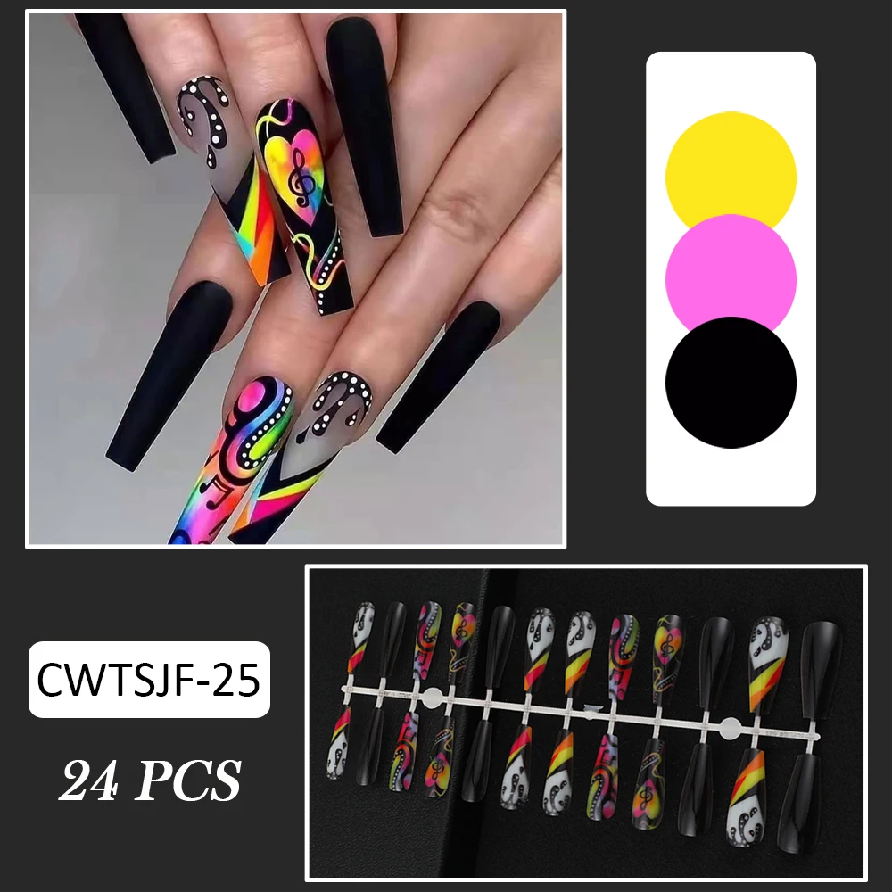 24Pcs Press on Nails ABS Plastic Colorful Music Sheet Long Ballet Style for Performance Art Party DIY Manicure Kit Durable BU