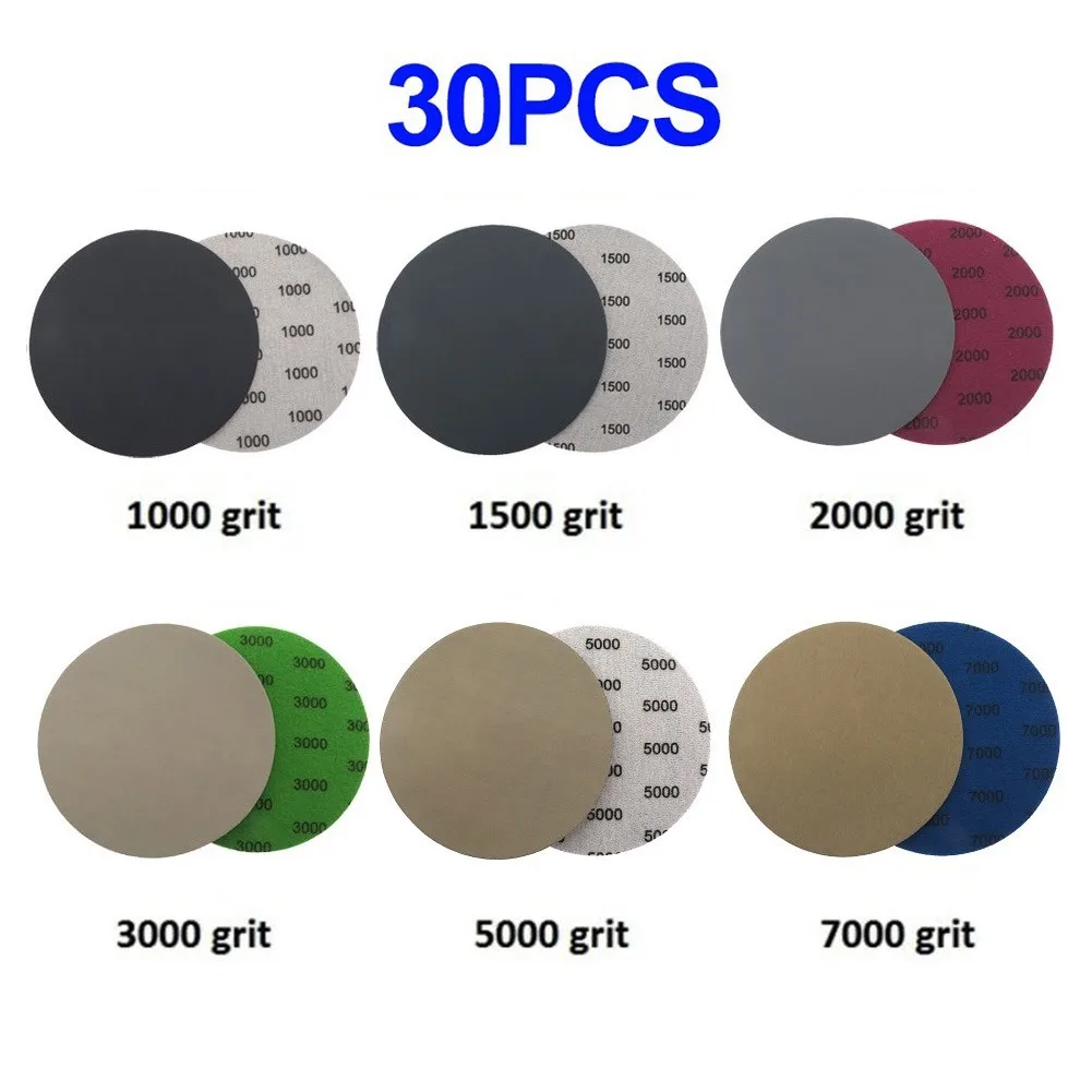 30pcs Water/Dry Sanding Paper 5 Inch 125mm Hook&Loop Wet/Dry 1000 1500 2000 3000 5000 7000 Sanding Discs Abrasive Tools