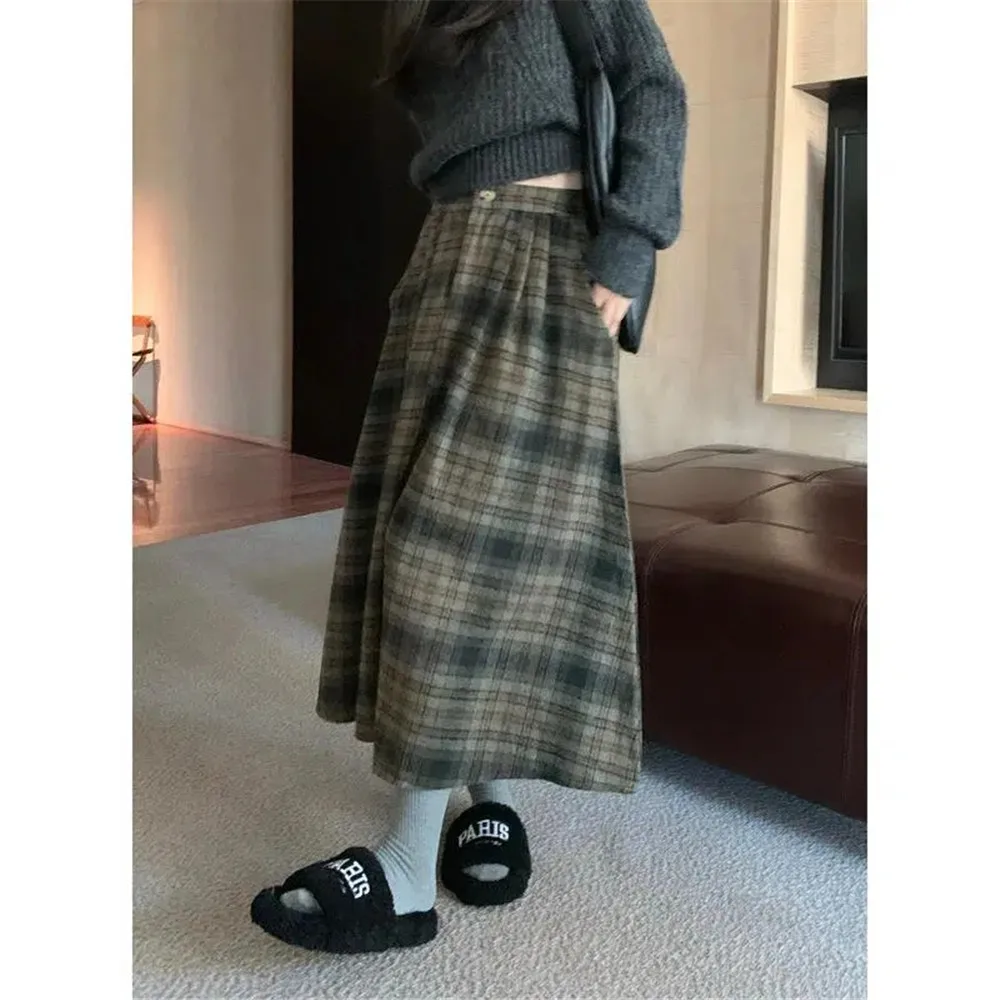 Spring Vintage Thick Plaid Pleated Skirt Women England Brown Elegant Chic Long Skirt High Waist A-Line Casual Woolen Skirts 2023