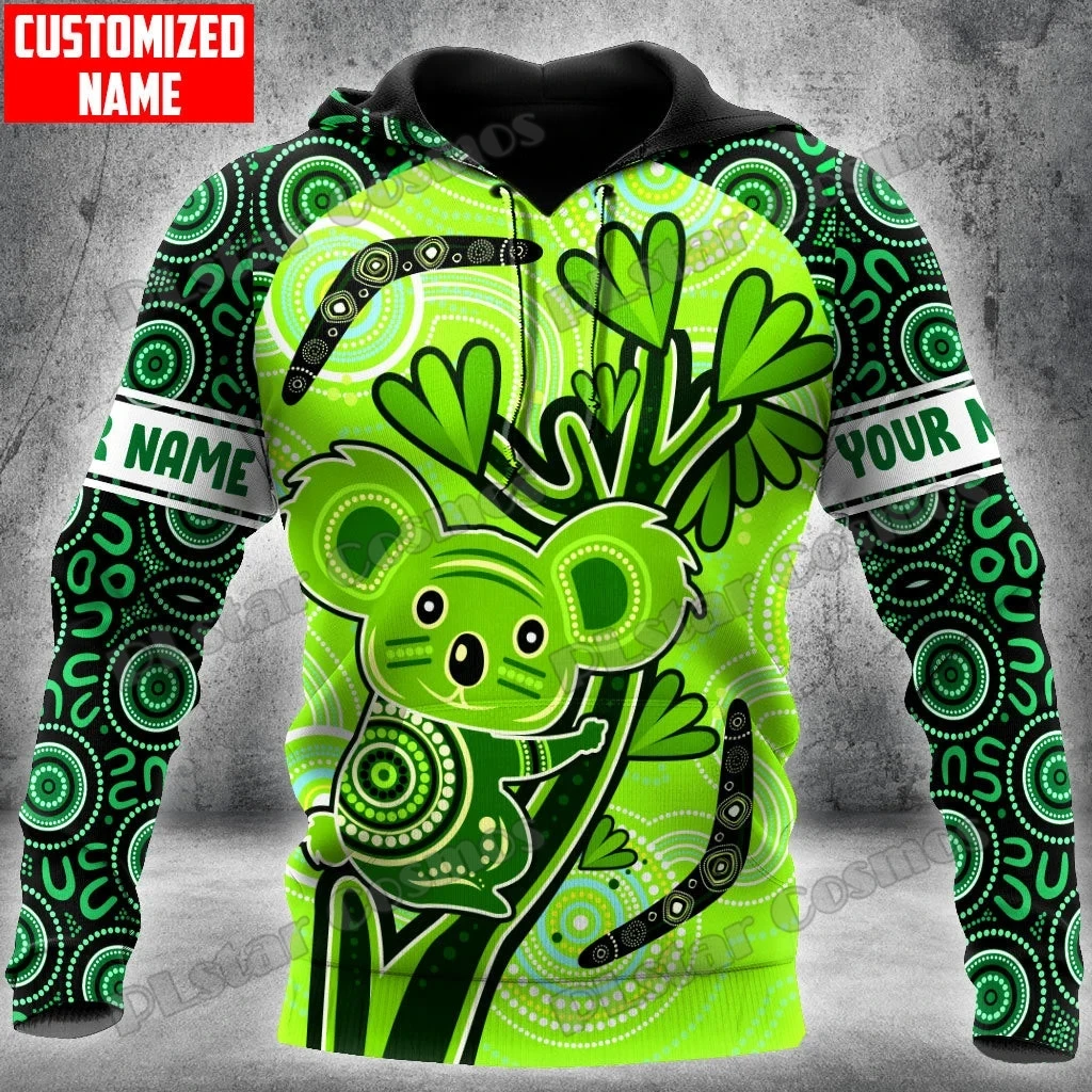 Aboriginal Koala Green Custom name 3D All Over Printed Men's Hoodie & Sweatshirt Autumn Unisex Casual Zip Pullover ADW120
