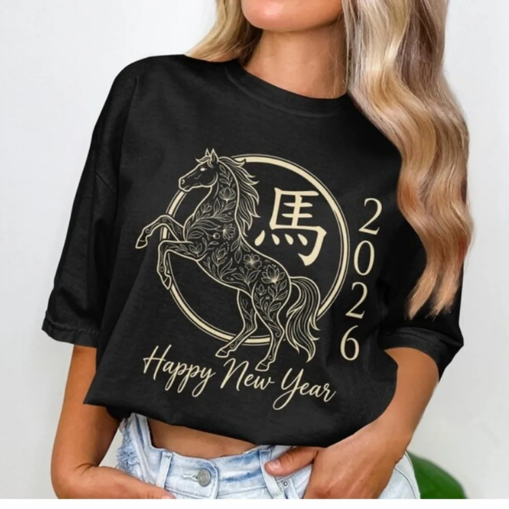 

Year of The Horse T-Shirt 2026 Chinese Zodiac Short-sleeve Lunar New Year Lucky Symbol Cotton Fashion Streetwear O-neck Tops