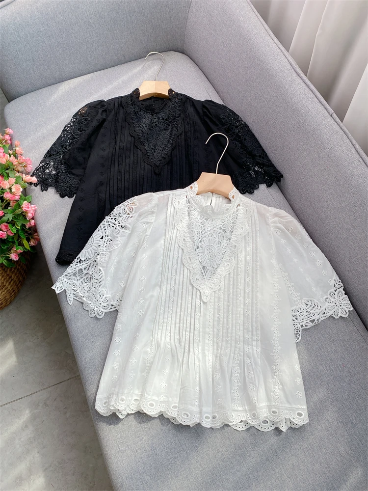 

Embroidered Lace irt ort Sve Stand Collar V-Ne Women's Summer Top Heavy Work Floral Print Casual Faion