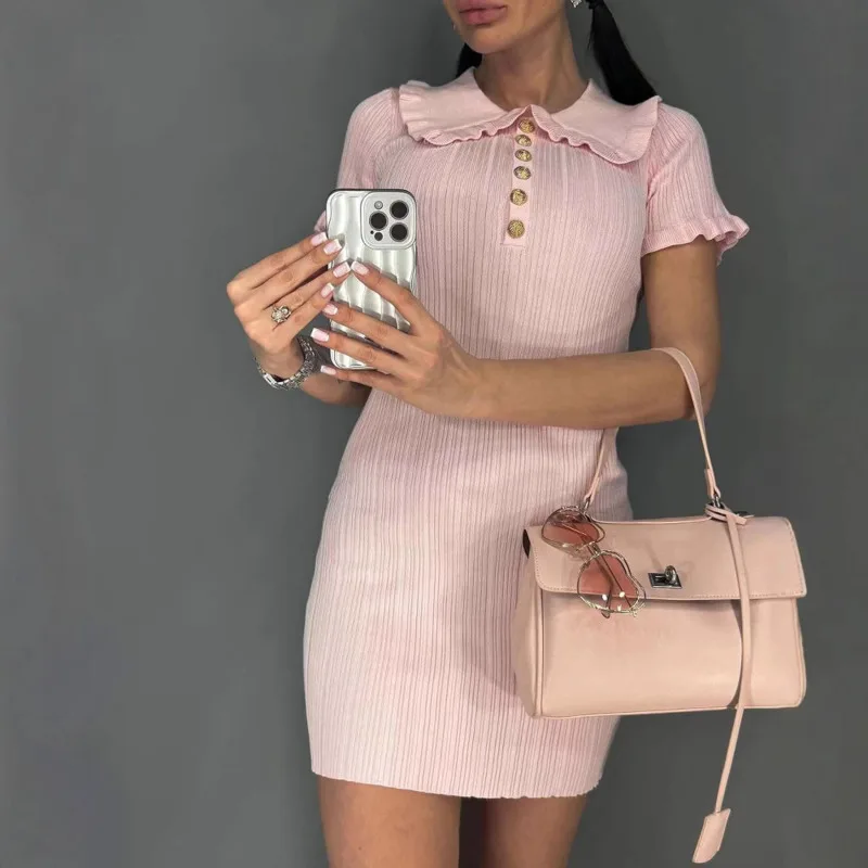 

Elegant Ruffled Knitted Mini Dresses For Women 2025 New Solid High Waist Short Sleeve Slim Dress Bodycon Female Sexy Cute Outfit