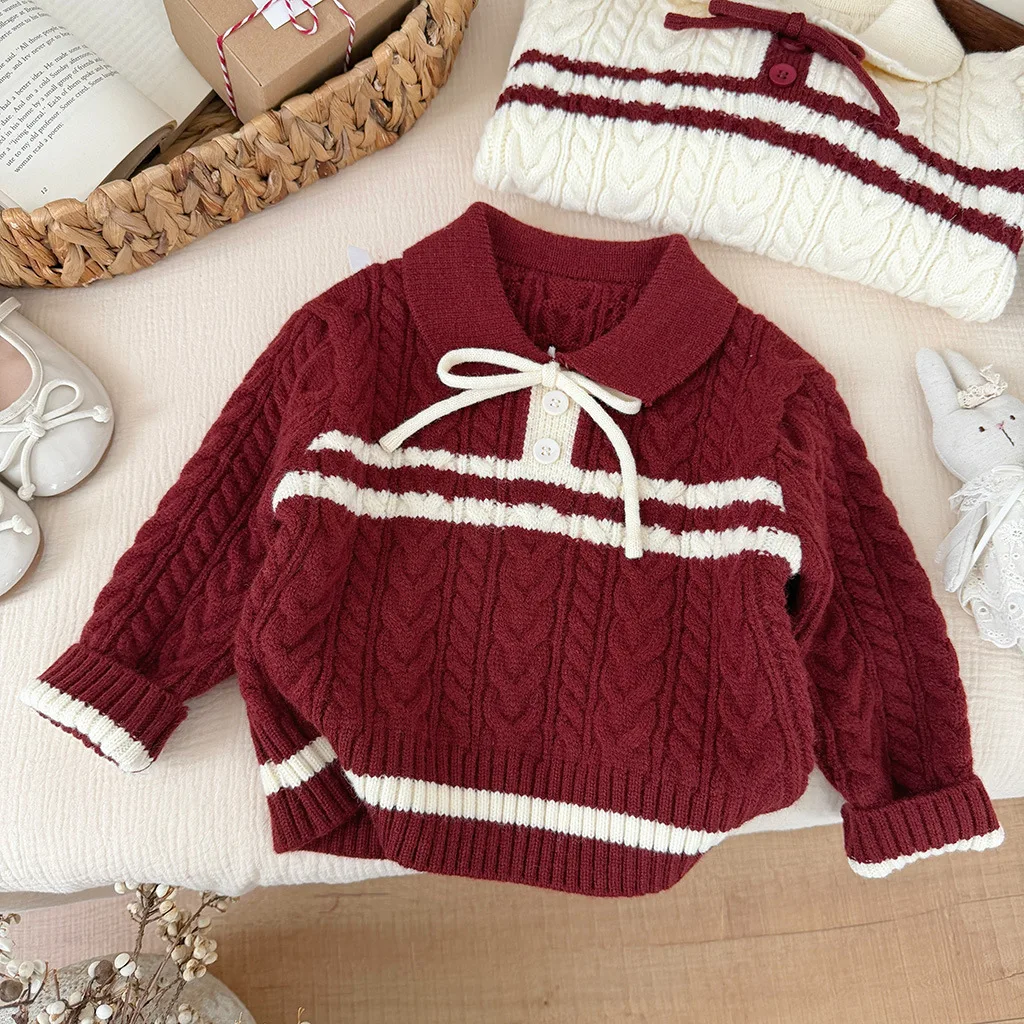Baby Girls' Autumn Winter Sweater School Style Top Lapel Striped Sweater Cardigan Thickened Fried Dough Twists Knitting Coat