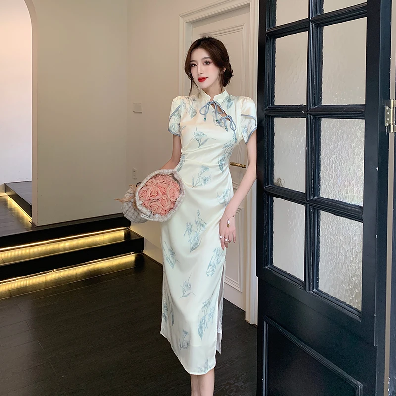 Novo Qipao Chinês de Verão com Cintura Alta, Estilo A-Line, Estampa Floral, Elegante e Sofisticado para Mulheres Jovens