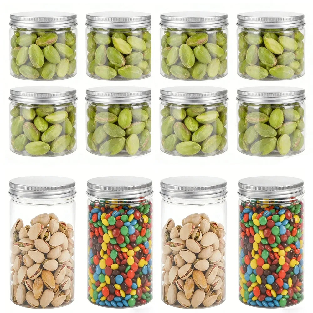 10Pcs 150-580ml Refillable Clear Plastic Jars W/ Aluminum Lids Straight Cylinders Jar Containers for Dry cargo Candy Jams Store
