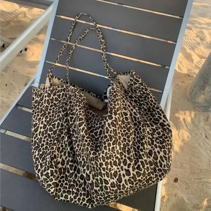 

Bloom Vintage Leopard Print Tote Bag Handbag Women Retro Large Capacity Casual Shoulder Female Haruku Canvas Y2k Bags