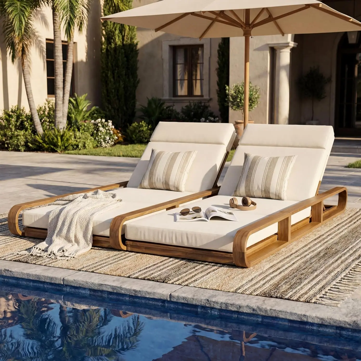 Double Chaise Lounge Chair Outdoor, 4-Position Adjustable Backrest & Headrest for Each Seat, Modern 79