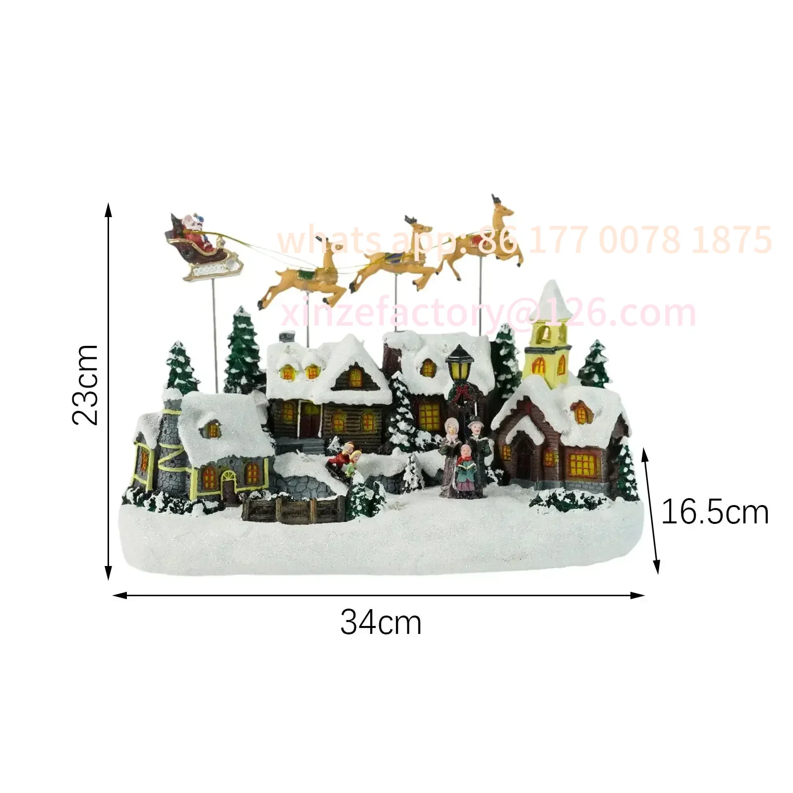 Рождественские снежные вилки, домики, музыкальные лоси, тянет Санта в санах, разноцветные огни, светящиеся настольные коллекционные здания