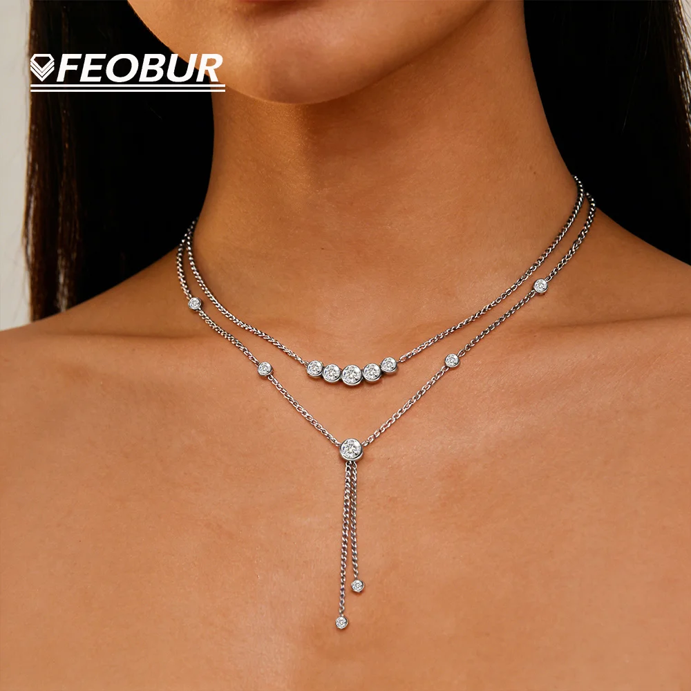 

FEOBUR 3-5mm Bubbles Moissanite Necklace for Women Girls 925 Sterling Silver Tassel Pendant Clavicle Chain Wedding Jewelry Gift