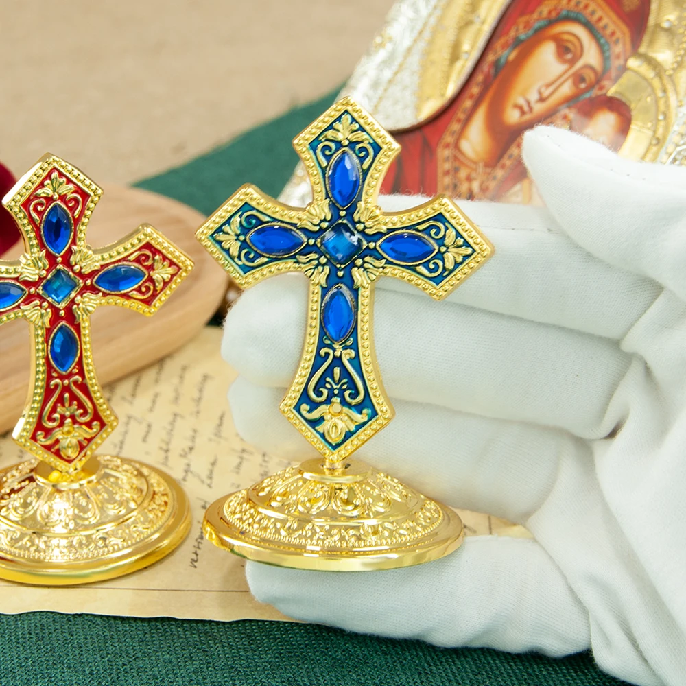 Image of HTISOK Orthodoxes Kirchenkreuz, vergoldetes Emaille-Orthodoxes Kreuz mit Strasssteinen, christliches religiöses Ornament für Auto, Zuhause, Altar