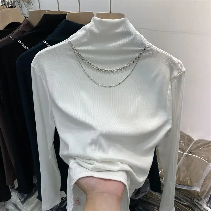 

Half-high-necked necklace long-sleeved T-shirt women's early autumn 2024 new slim fashion age-reducing bottoming shirt top.