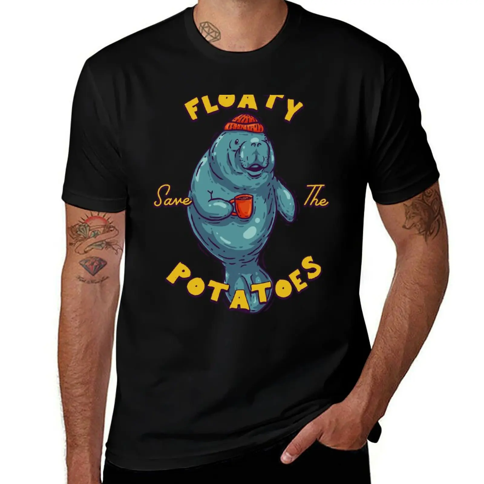 Save The Floaty Potatoes - Sailor Manatee Having a Coffee Manatea Dugong Manatee County T-Shirt cute tops plus size men clothing