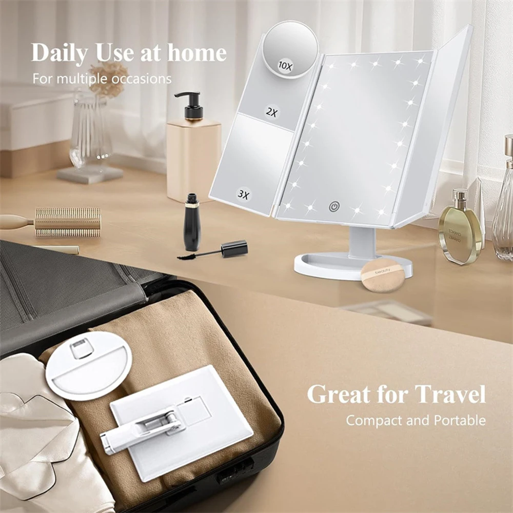 Bathroom Folding Makeup Mirror, 2X 3X Magnifying Glass with 10X Small Round Mirror, 22 LEDs Adjustable Lighting Portable Mirror view 3