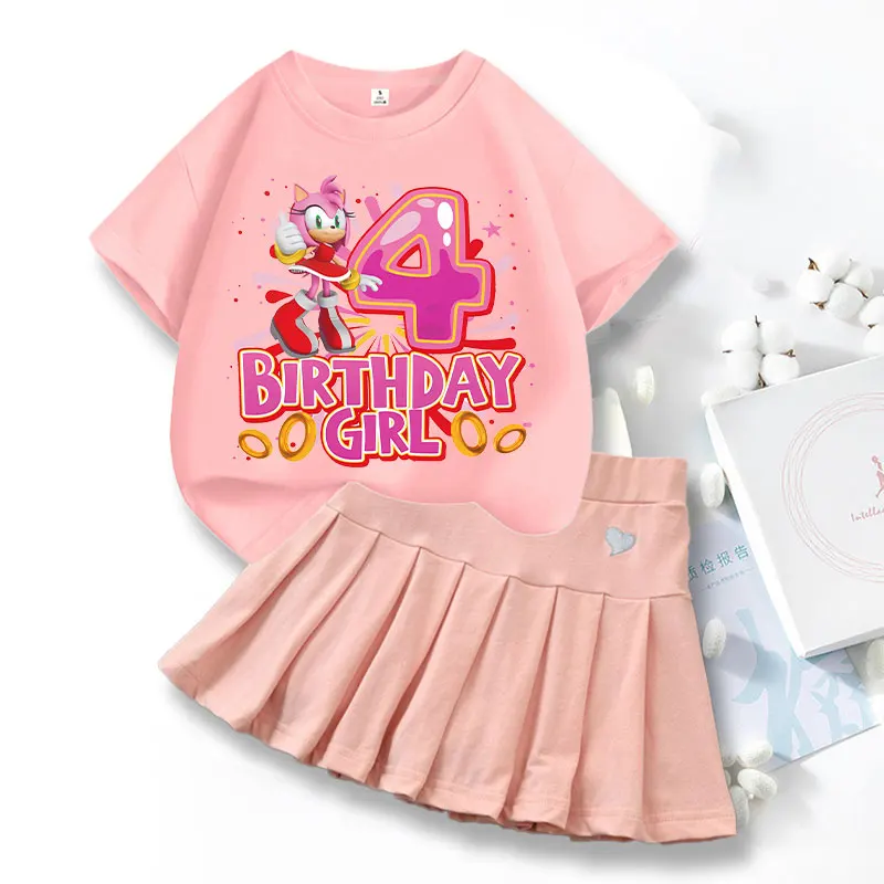 2pcs Sonics Love Dress T-shirt Suit for Girls Cartoon Number Printed Skirt Short Sleeved Top Set Kids Summer Sweet Skirts Suits