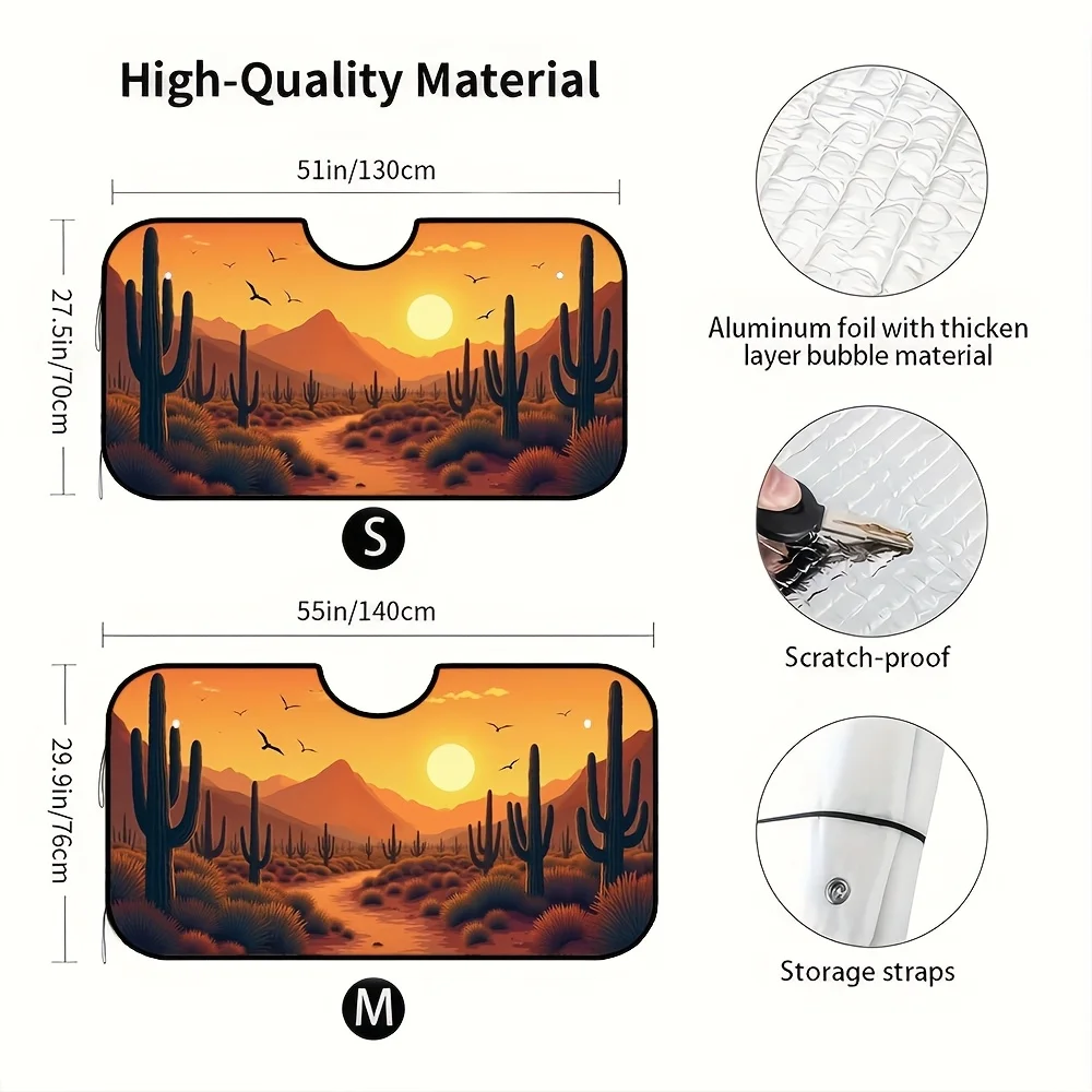 1pc, Portable Western Cactus Sunset Desert Foldable Front Window Windshield Sun Visor Car Sunshade Sun Shade Car Accessories