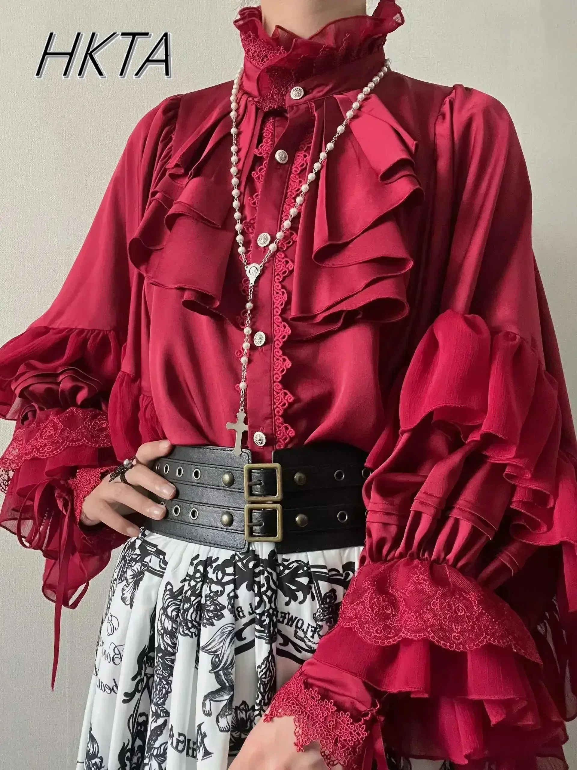 Gothic Style Batwing Sleeve Shirt Women Lolita Loose Spring Autumn Ladies Elegant Red and Black Top Blouse Solid Color Blouse