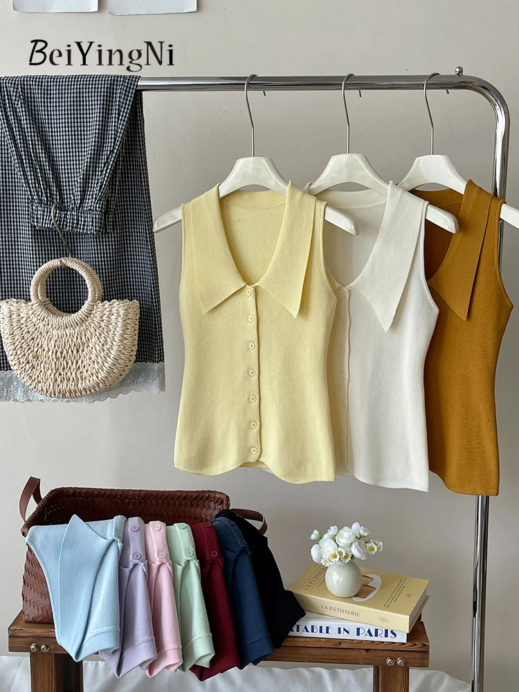 

Beiyingni Sexy Sleeveless Knitted Tops Female Buttons Elegant Summer Slim Women's Tank Top Casual Pure Color Streetwear Vest