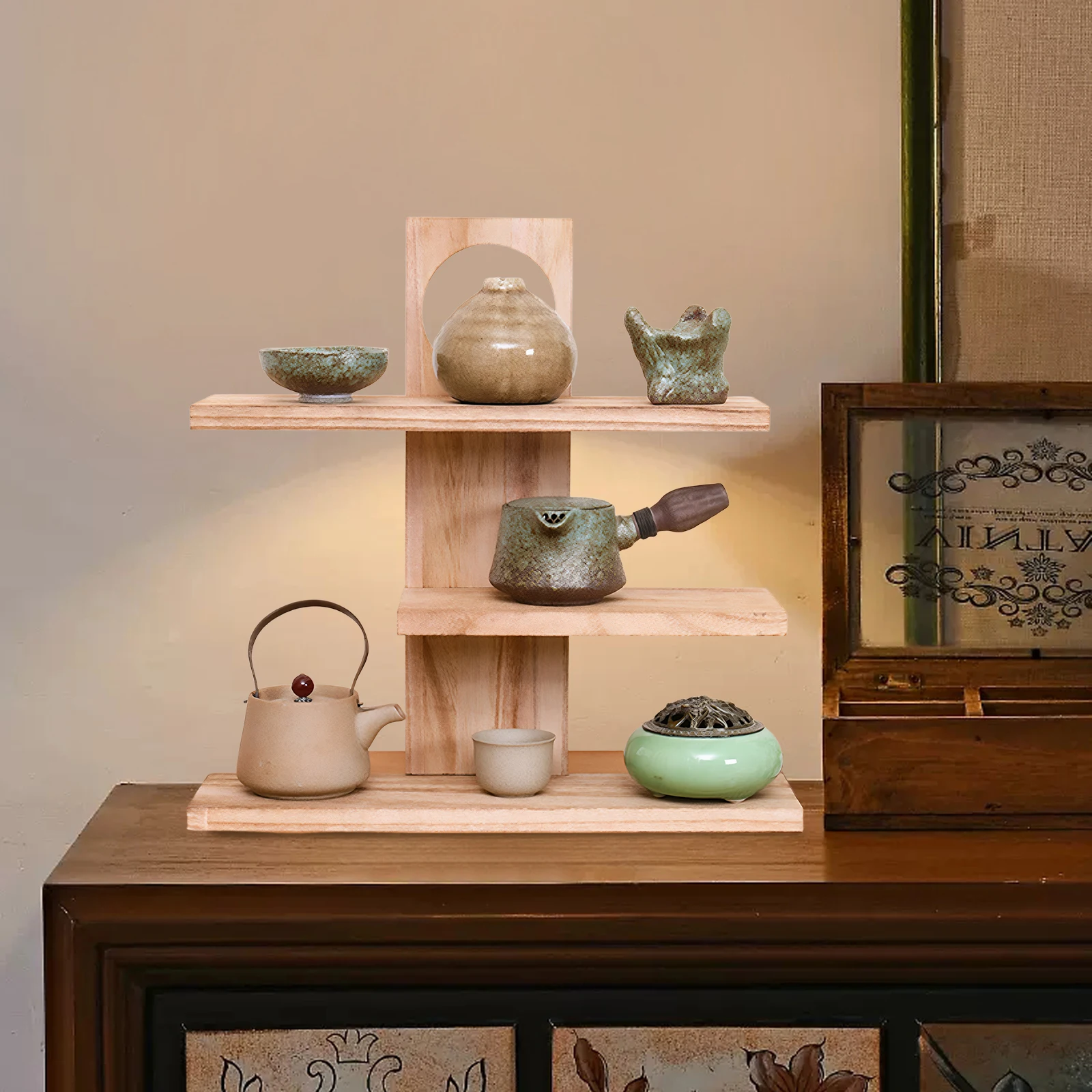 

Трехуровневая деревянная настольная полка-органайзер для дома и офиса (модель 1)