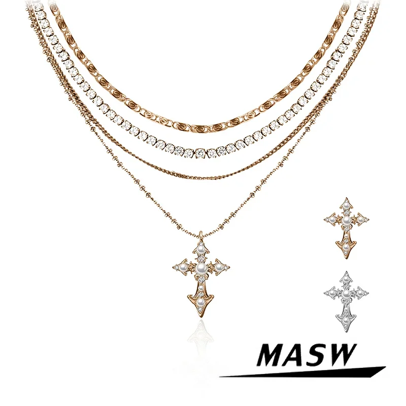 

MASW Original Design Popular Style Four Layers Shiny Glass Simulated Pearl Cross Pendant Necklace For Women 2024 Trend New