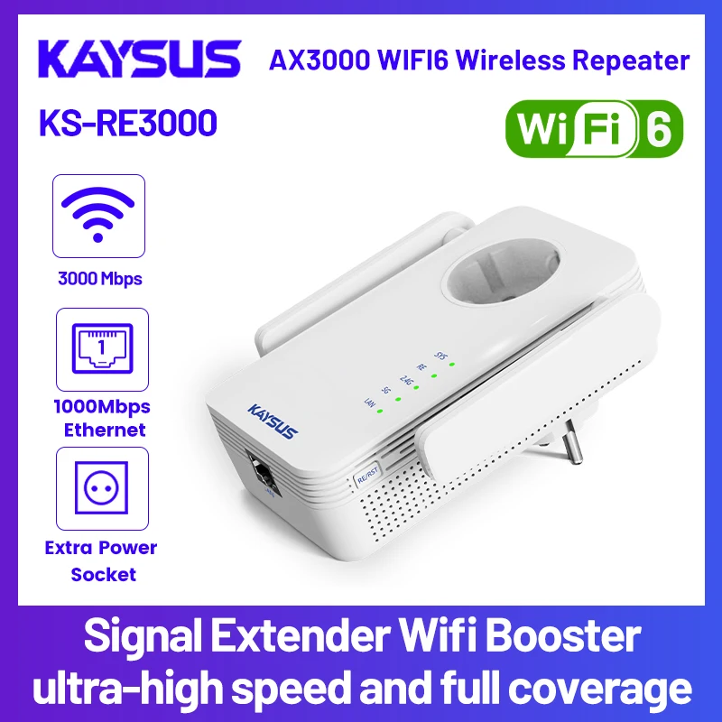 

KAYSUS AX3000 WiFi 6 Repeater Extender Signal Booster Long Range Network Easy Set Dual Band 2.4/5GHz Wi-Fi Signal Amplifier