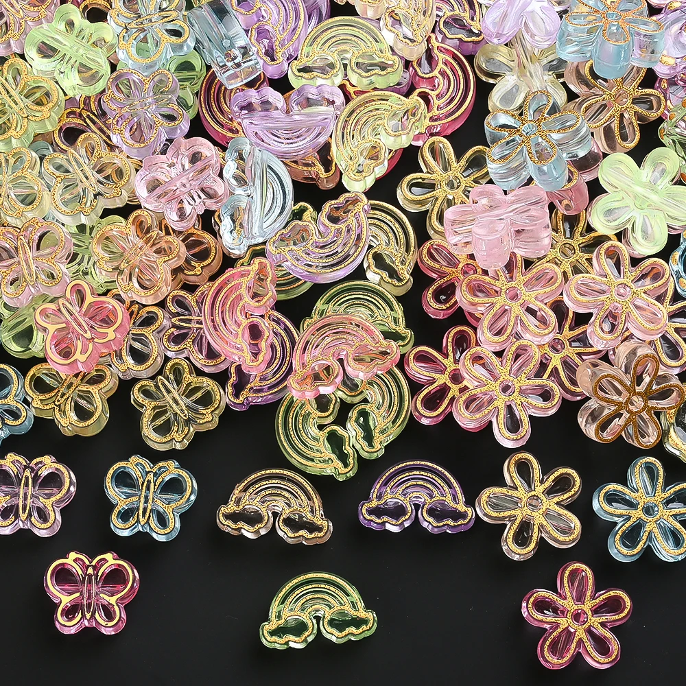 20 Stück goldfarben verzierte transparente Acrylperlen in Schmetterlings-, Herz- und Blumenform als Abstandshalterperlen für die Schmuckherstellung, DIY-Armbänder und Halsketten – Detail 8