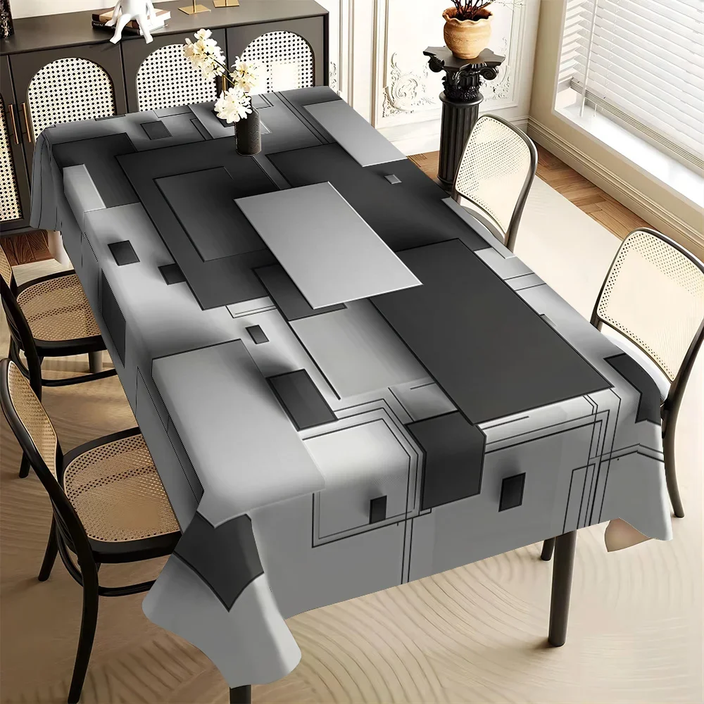 Modern Waterproof Tablecloth Cover for Dining Room Furniture Grey Geometric Pattern Easy Clean Spill Proof Table Linen