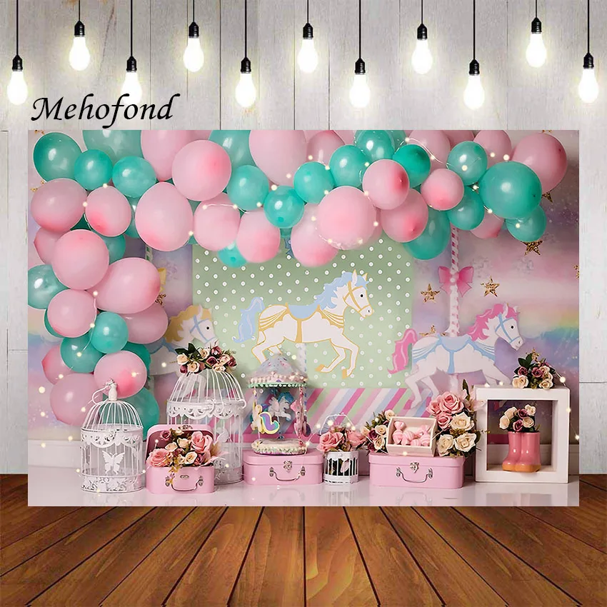 

Mehofond Photography Background Pink Carousel Balloon Floral Princess Girl Birthday Party Cake Smash Decor Backdrop Photo Studio