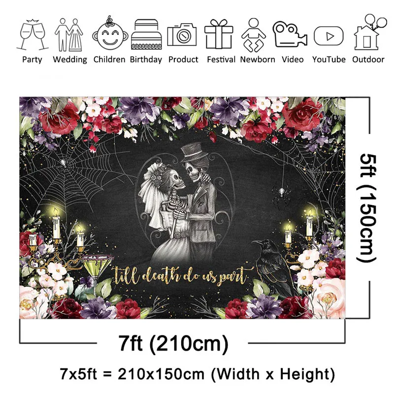 Mocsicka Aniversário de Casamento Pano de Fundo Até Que A Morte Nos Separe Fundo Do Crânio Preto Adulto Retrato Photo Studio Prop Bandeira Do Partido