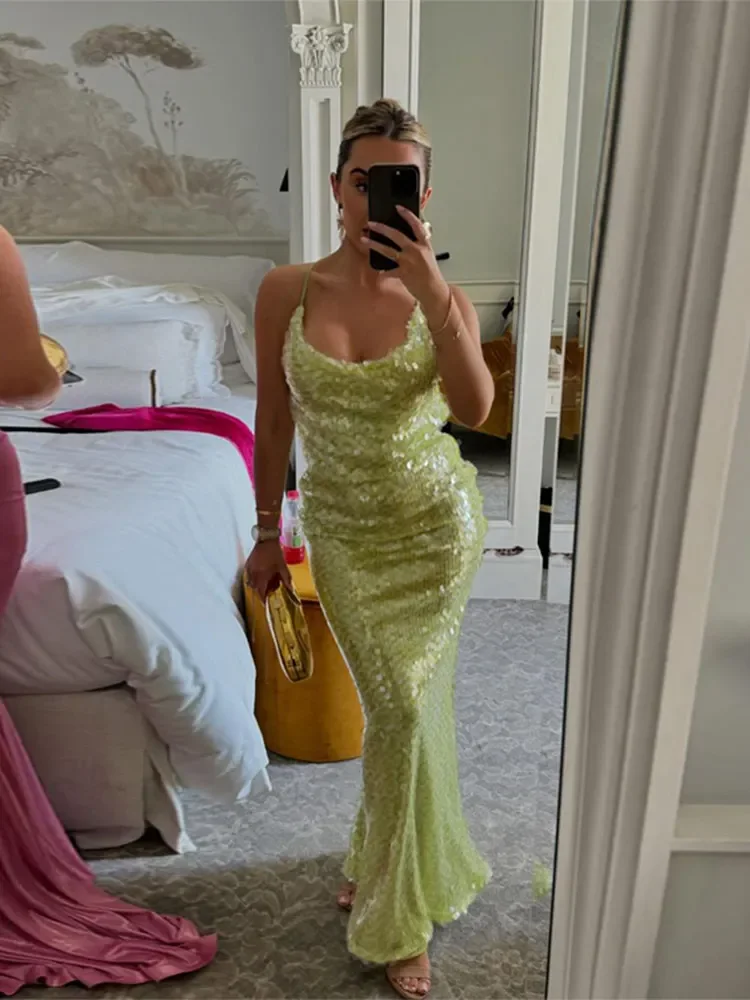 Women Sexy Backless Slim Sling Long Dresses Fashion Solid Sequin Off Shoulder Maxi Dress 2024 Summer New Lady Evening Party Gown