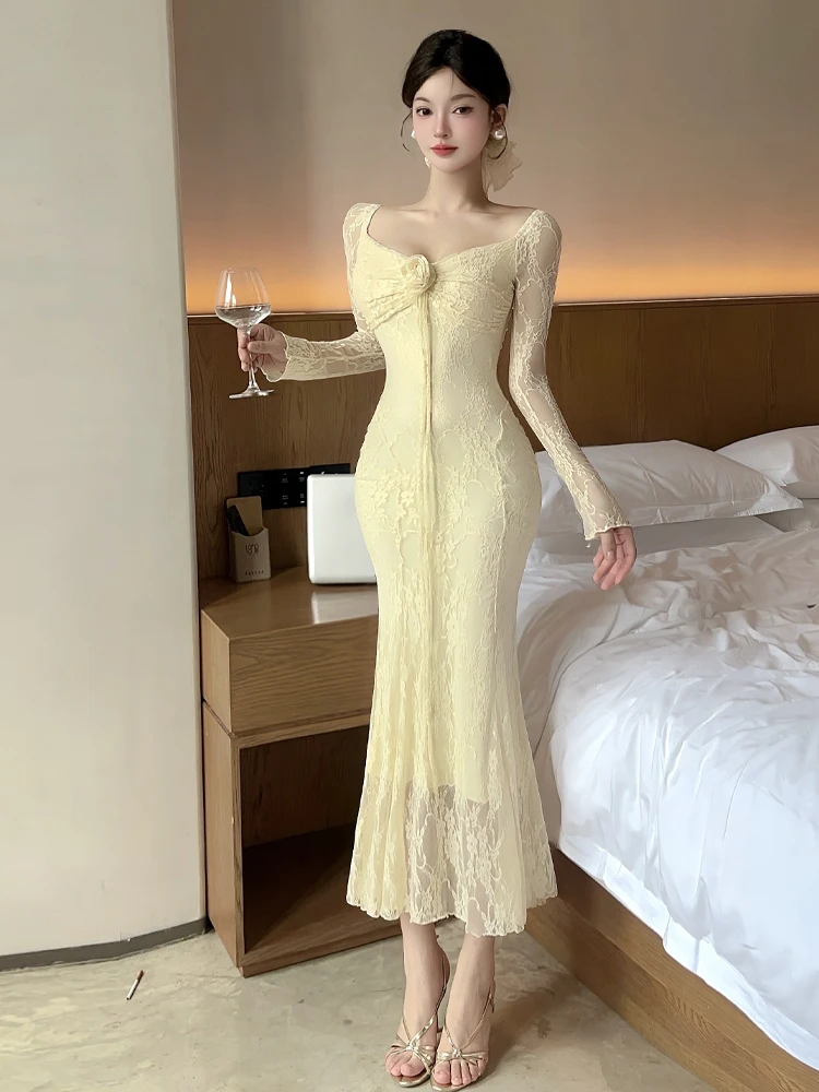 

Сексуальное кружевное облегающее платье Long Sve Dr с квадратным воротником Fi Tail Dr Pure Desire, женское осеннее цельное платье Faion H-образной формы