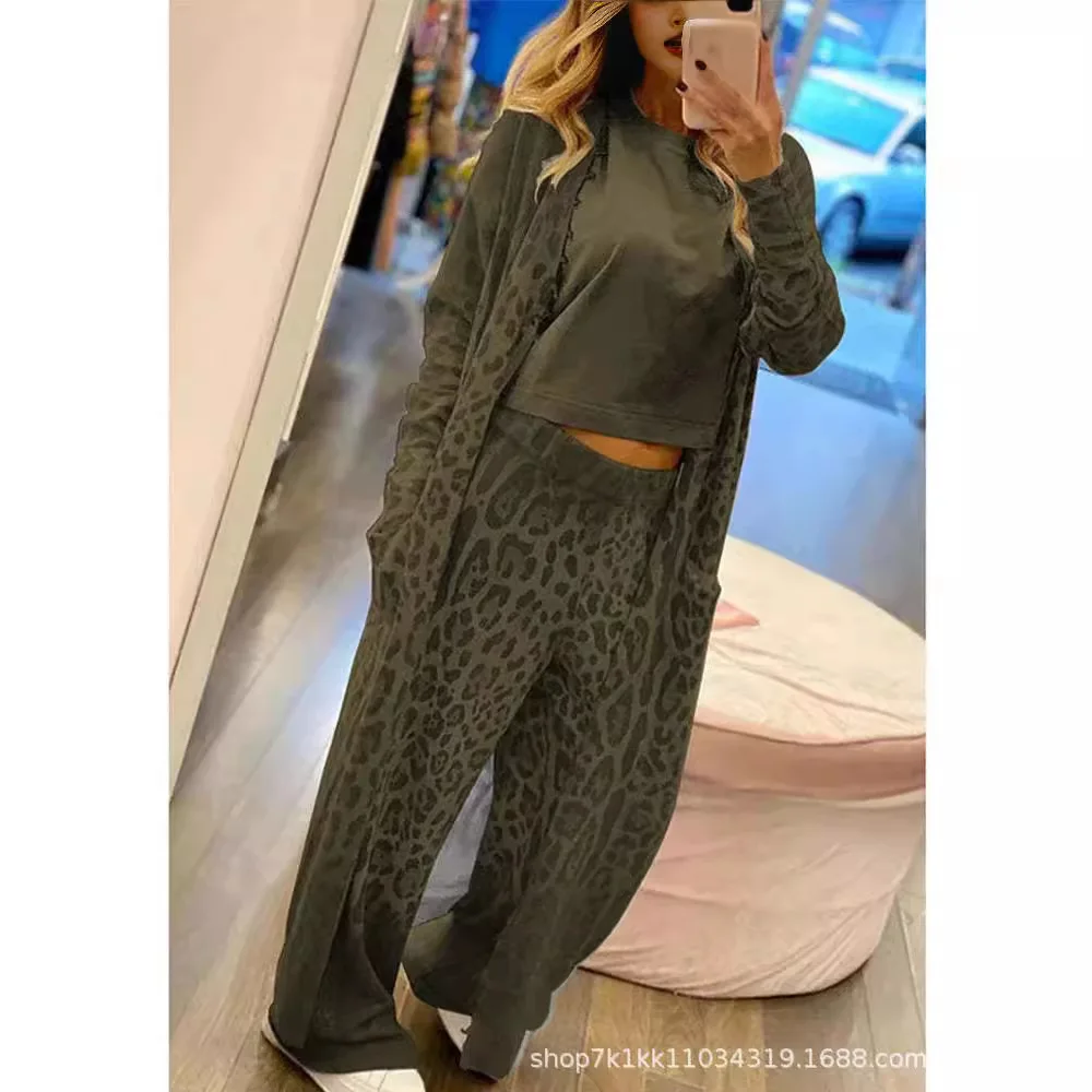 

Новый весенний кардиган с длинными рукавами и леопардовым принтом, куртка и брюки, комплект из двух предметов, женский