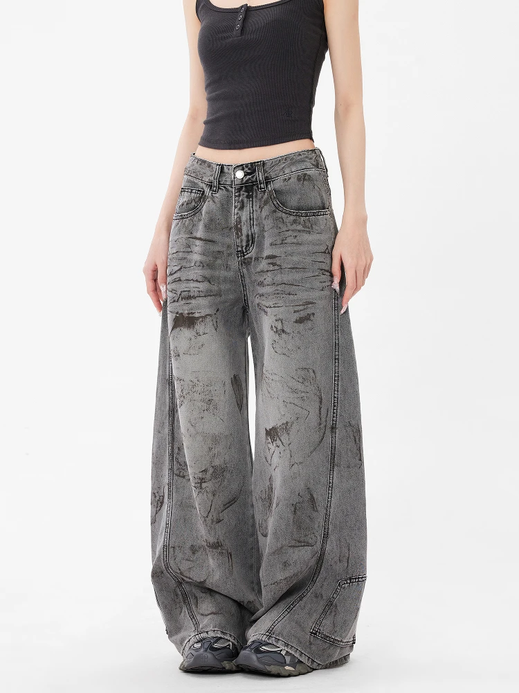 Jeans da donna grigi a vita alta pantaloni in denim larghi dritti vintage streetwear pantaloni in denim a gamba larga alla moda stile americano