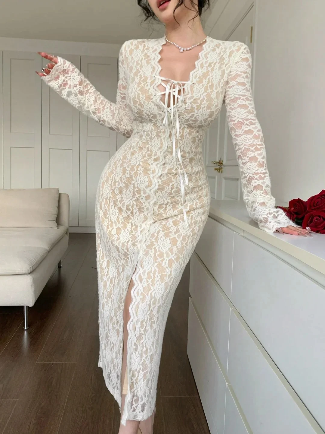 Hot Sale Elegant Sexy Romantic Long Sleeve V Neck Lace Up Bodycon High Split Lace Sheer Evening Prom Formal Party Dress