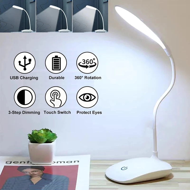 

Portable USB Rechargeable LED Desk Lamp Touch 3 Modes Dimming Table Lamp Eye Protection For Office Bedroom Bedside Reading Light