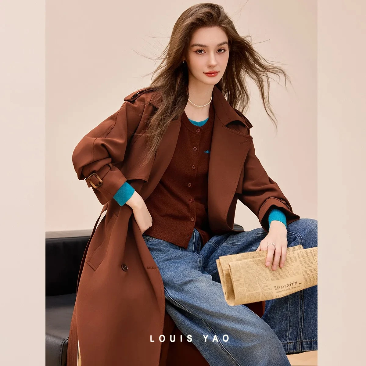 

LOUIS YAO Double-Breasted Long Trench Coat 2025 Spring/Autumn Simple Elegant Loose Fit Belted Slimming Women's Outerwear