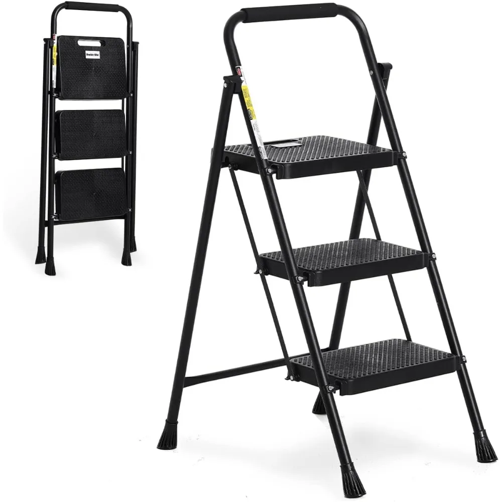 

Step Ladder 3 Step Folding with Handgrip, 500 Lbs Load Heavy Duty Steel Step Stool, Multi-use Folding Ladder with Anti-Slip Wid