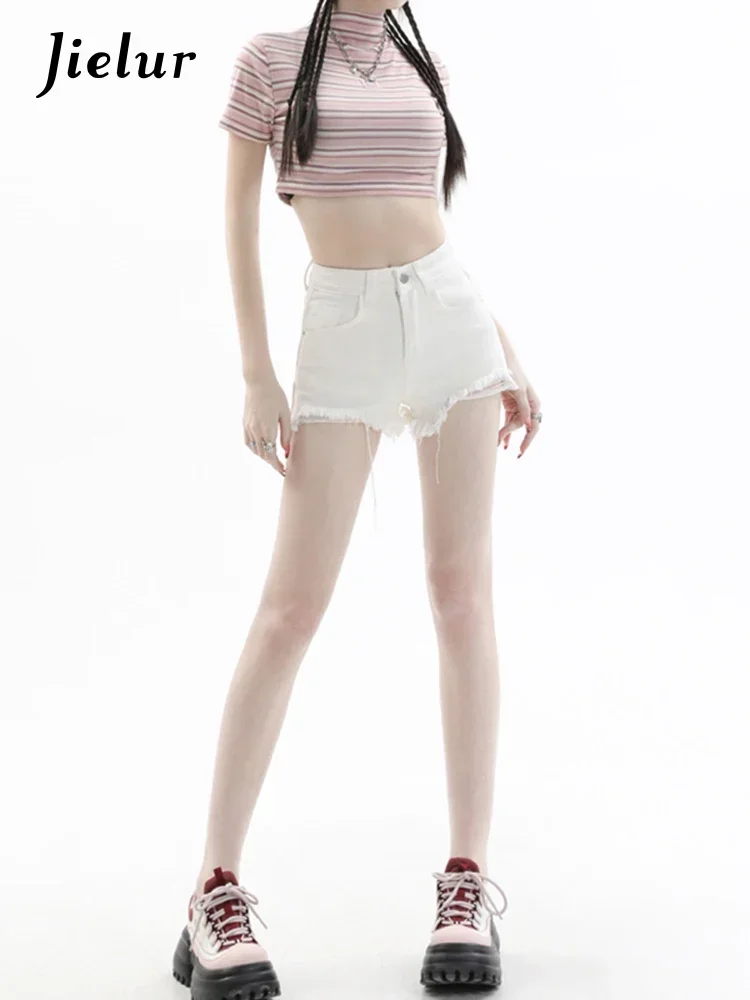 Jielur branco magro sexy jeans feminino franja desgastado rasgado cor sólida verão chique shorts botão de bolso moda feminina simples jeans