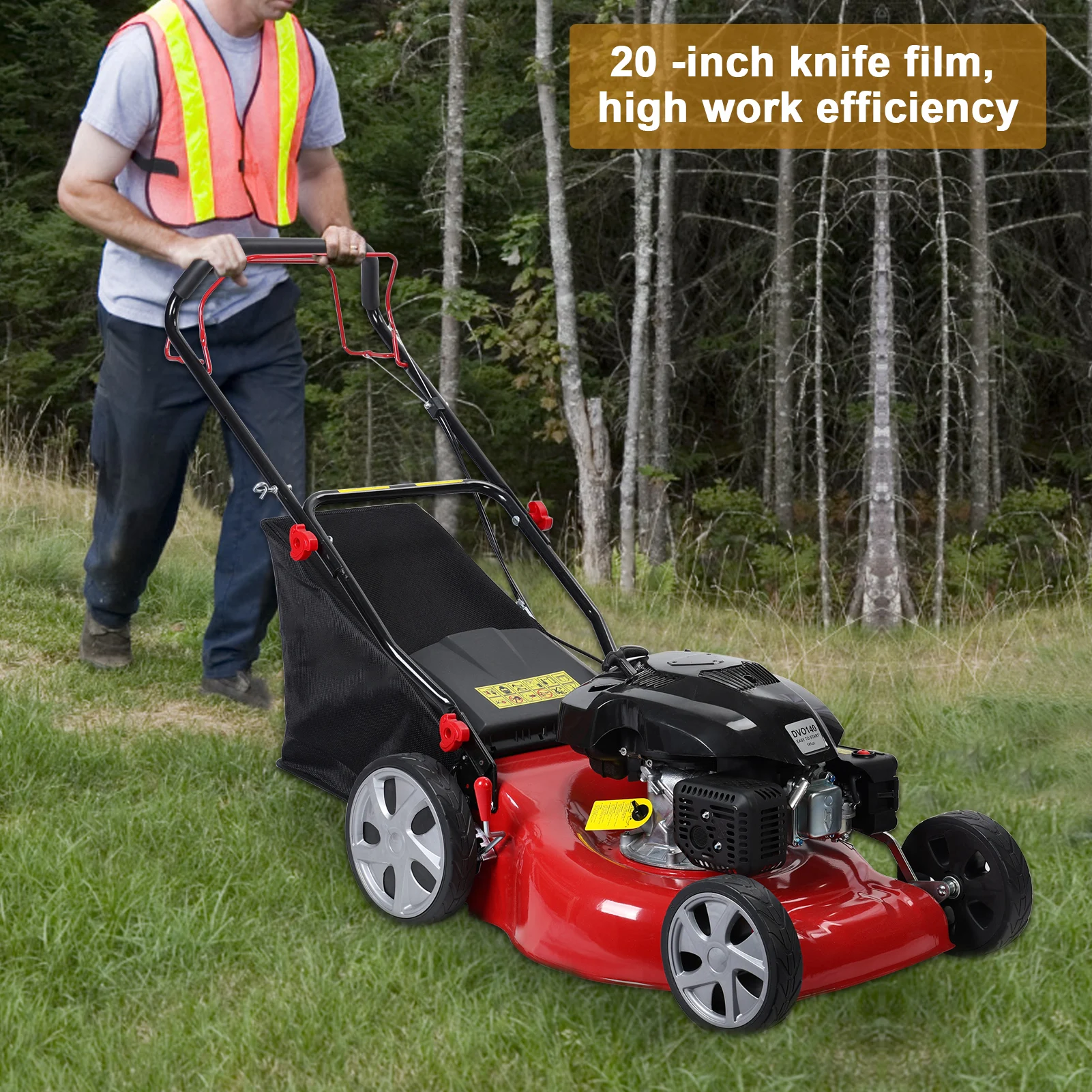 Gas Lawn Mower 20in 141cc 2-in-1 Walk-Behind Push Lawn Mower with 4-stroke Height Adjustment Heavy duty cutting blade