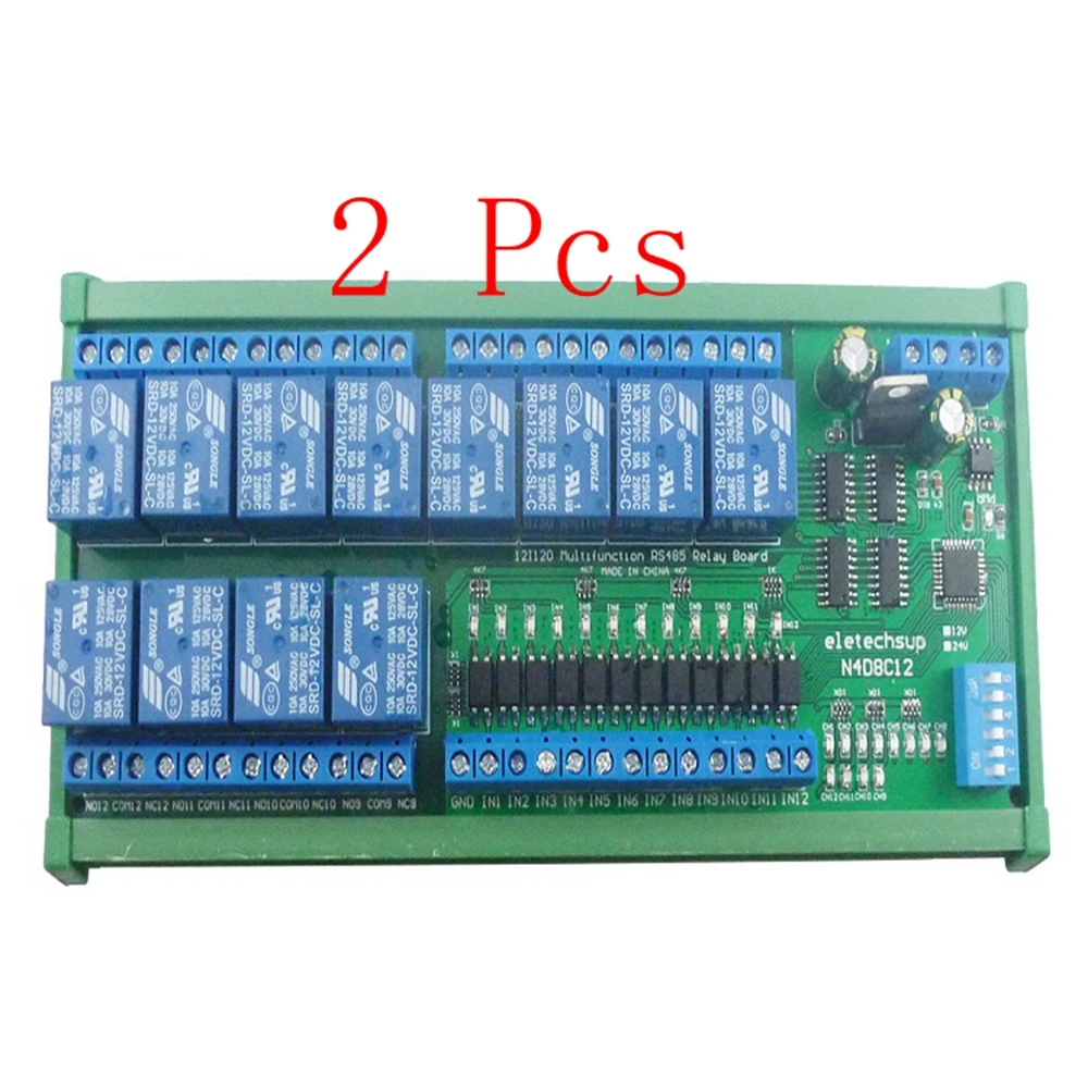 

2 Pcs 12CH Digital Input Output UART RS485 Relay Module Modbus RTU DIN35 C45 Rail Box Board For PLC PTZ LED Motor