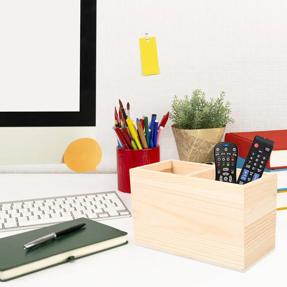 

2Pcs Wooden Multi Compartment Organizer Box Pine Pencil Holder Makeup Brush Holder Marker Storage Remote Control Desk Storage