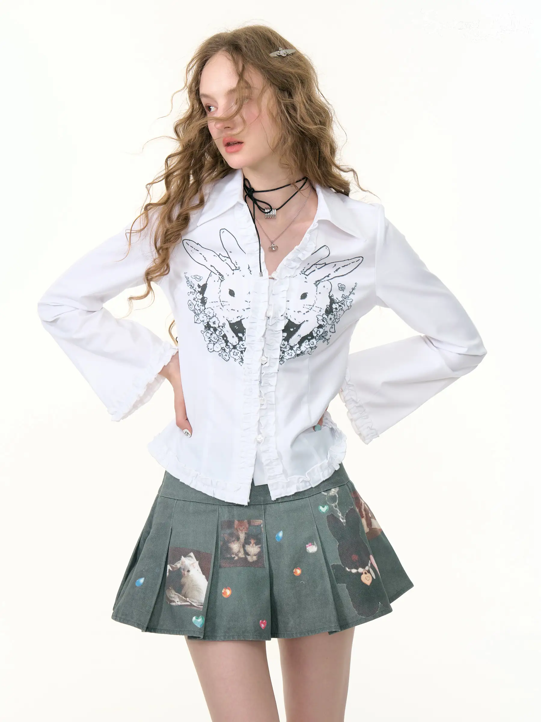 

Женская приталенная блузка ZiziFei с длинным рукавом, с принтом кролика, белая, винтажный дизайн, повседневная, дышащая, из полиэфирного волокна, весна-осень