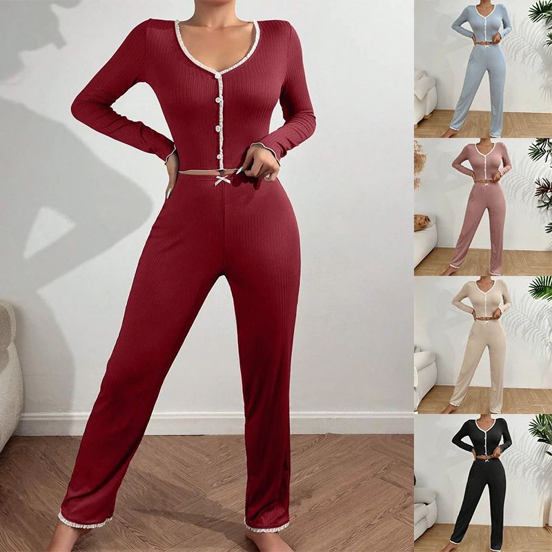 

2025 Autumn Winter New Homewear Pajamas Set Women Long Sleeves Shirt Trousers 2 Pieces Sexy Lace Pijamas Sleepwear Loungewear