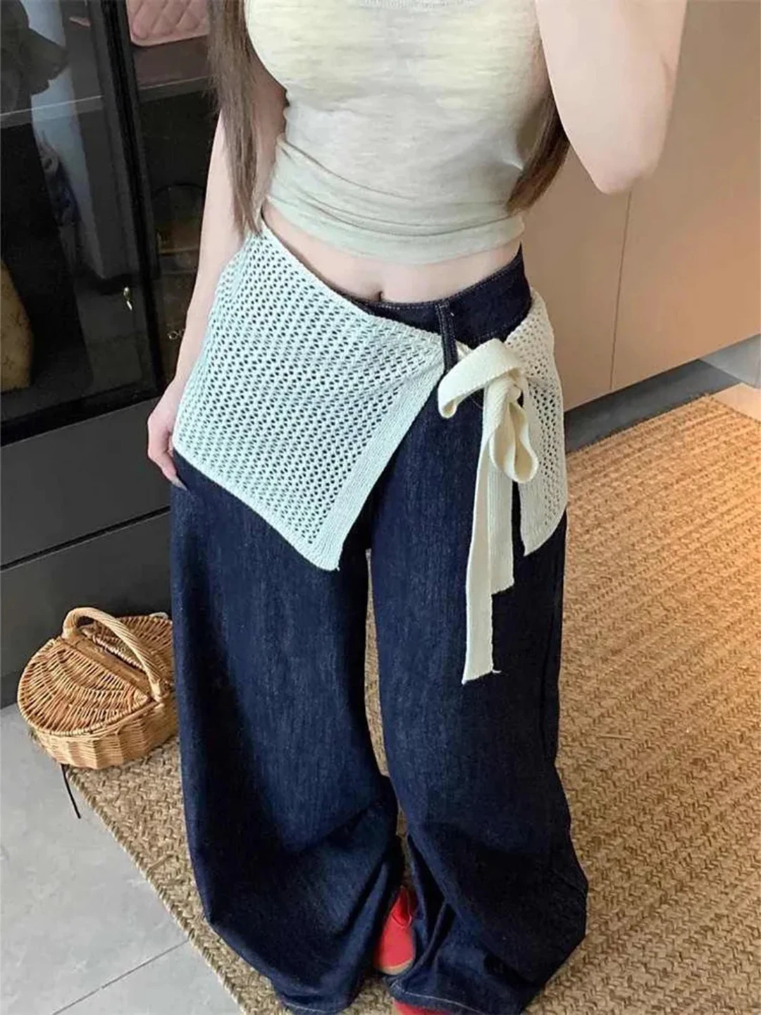 

plus Size Women's Knitted Hollow out Half Skirt High Waist A-Line Short Skirt with Belt Korean Style Commute Casual Wear