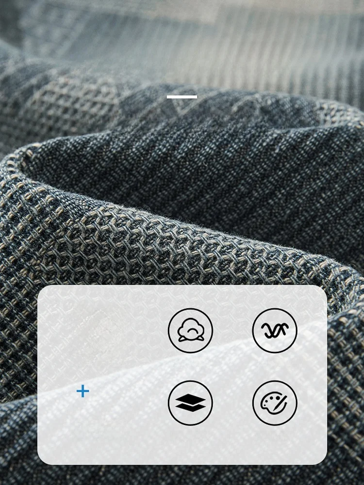 고급 미국 레트로 남성 스키니 진 루즈 스트레이트 레그 가을 겨울 캐주얼 체크무늬 롱 팬츠 얇은 데님 코튼 블렌드