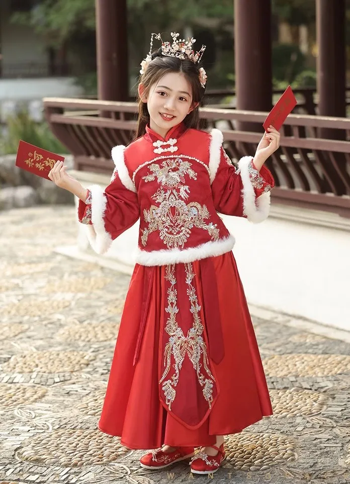 

Детский зимний теплый древний костюм Hanfu для девочек, утепленная новогодняя одежда, платье для девочек, костюм Тан, красное, розовое сценическое платье